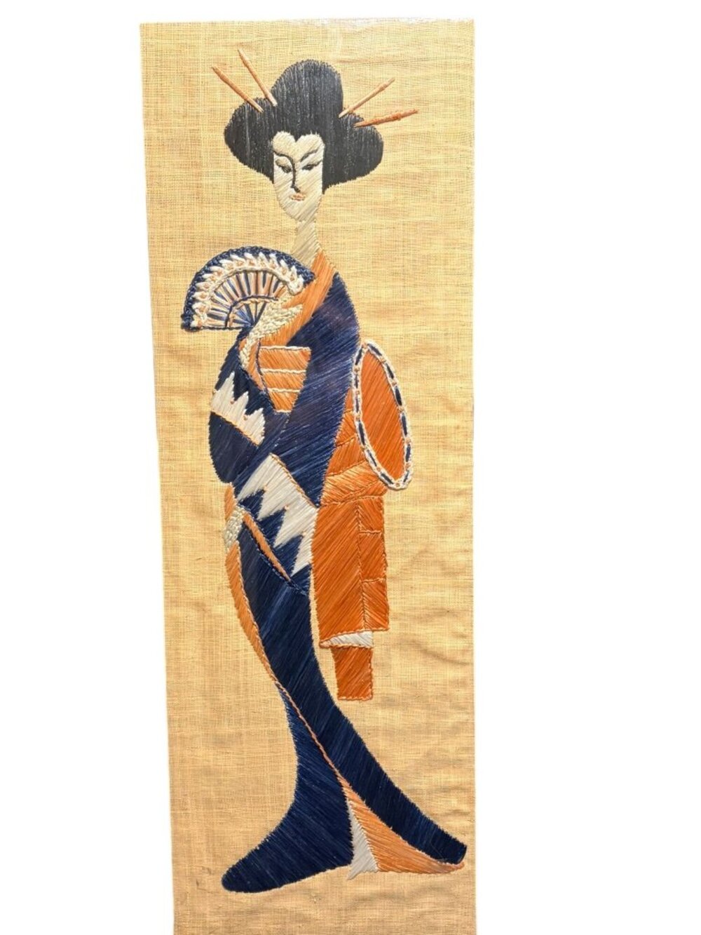 VTG Vintage 1960s Japanese Geisha Needlepoint on Banana Fiber 38x13"